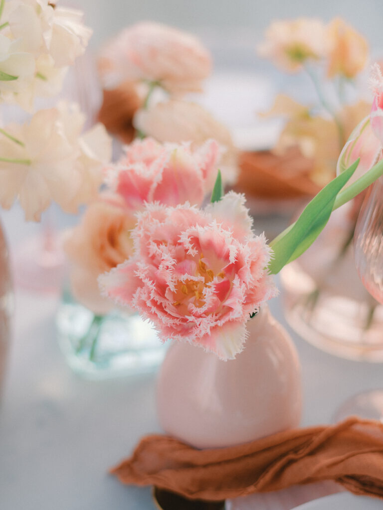 Pink bud vases filled with fringed pink tulips and blush butterfly ranunculus